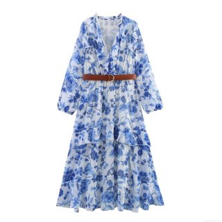 Elegant Blue Floral Midi Dress For Women V-Neck Long Sleeve Polyester Chiffon A-Line Layered Cake Skirt With Brown Leather Belt Spring Summer Vacation Party Commuter Long Dress