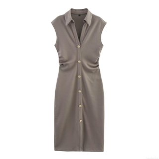 Women Sleeveless Shirt Midi Dress Cotton Blend Ribbed Knit Elegant V-Neck Gold Buttons Pleated Slim Waist Solid Color Summer Casual Office Party Dress