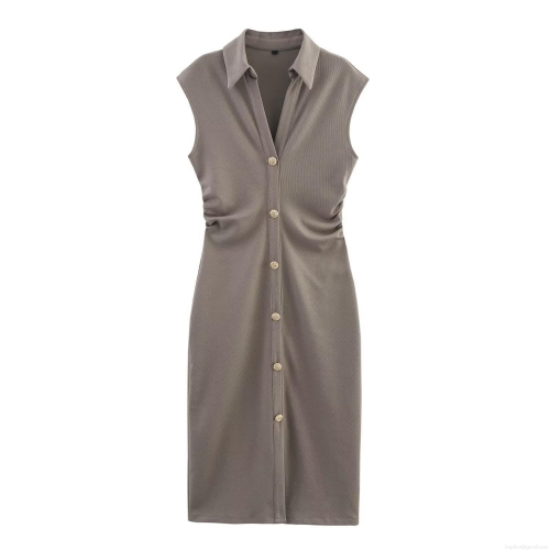 Women Sleeveless Shirt Midi Dress Cotton Blend Ribbed Knit Elegant V-Neck Gold Buttons Pleated Slim Waist Solid Color Summer Casual Office Party Dress