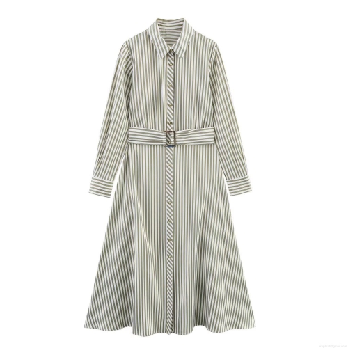 Women's Elegant Striped Midi Shirt Dress With Belt Sage Green White Long Sleeve High Waist Button Down Polyester Cotton Dress For Office Daily