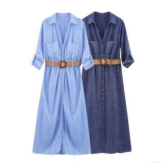 Women's Summer Fashion Linen Striped MIDI Shirt Dress With Woven Belt Long Sleeve Turn-down Collar High Waist A-line Casual Commuter Vacation Elegant Dresses