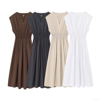 Women's V-Neck Sleeveless Midi Dress Washed Cotton Polyester Blend Elastic Waist Pleated A-Line Sundress Casual Summer Solid Color Fashion Dress for Women