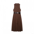 Women's Elegant V Neck Sleeveless Midi A-Line Dress With Belt Single Breasted Solid Color Coffee Brown Polyester Summer Dress For Office Lady Casual Wear