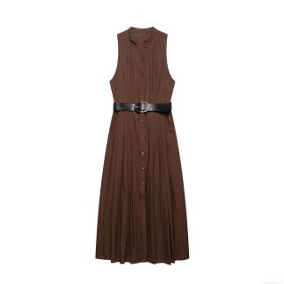 Women's Elegant V Neck Sleeveless Midi A-Line Dress With Belt Single Breasted Solid Color Coffee Brown Polyester Summer Dress For Office Lady Casual Wear