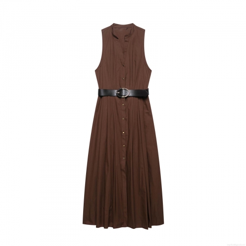 Women's Elegant V Neck Sleeveless Midi A-Line Dress With Belt Single Breasted Solid Color Coffee Brown Polyester Summer Dress For Office Lady Casual Wear