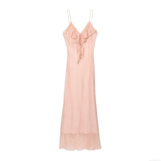 Women Sexy V-Neck Spaghetti Strap Layered Ruffle Backless Midi Slip Dress Peach Pink Polyester Satin Chic Party Clubwear Bodycon Dress