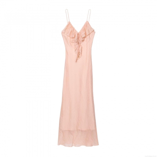 Women Sexy V-Neck Spaghetti Strap Layered Ruffle Backless Midi Slip Dress Peach Pink Polyester Satin Chic Party Clubwear Bodycon Dress