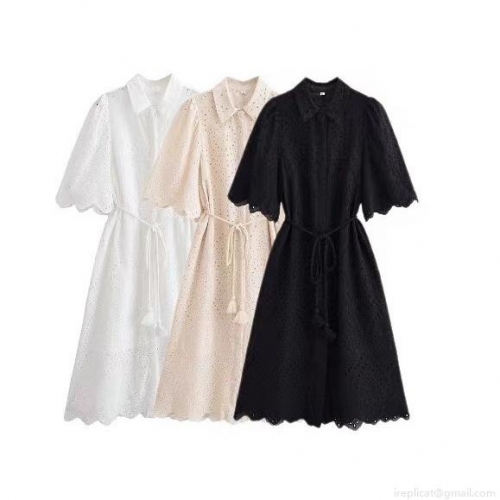 Fashion Hollow Out Eyelet Embroidery A-Line Midi Dress Women's Elegant Lapel Puff Sleeve Shirt Dress With Tassel Belt Summer Casual Solid Color Dress