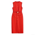 Women Sleeveless Midi Dress Elegant Gold Button Polyester Spandex Textured Dress With Belt For Office Daily Casual Commute Bodycon Sexy Split Hem Summer Outfit