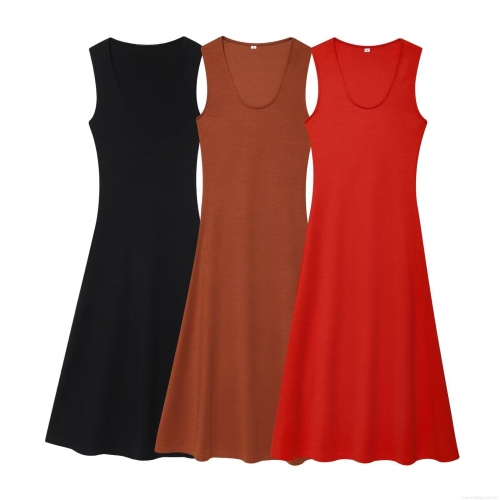 Women's Knit Sleeveless Round Neck A-Line Midi Dress Elegant Slim Fit Solid Color Polyester Spandex Casual Party Dress
