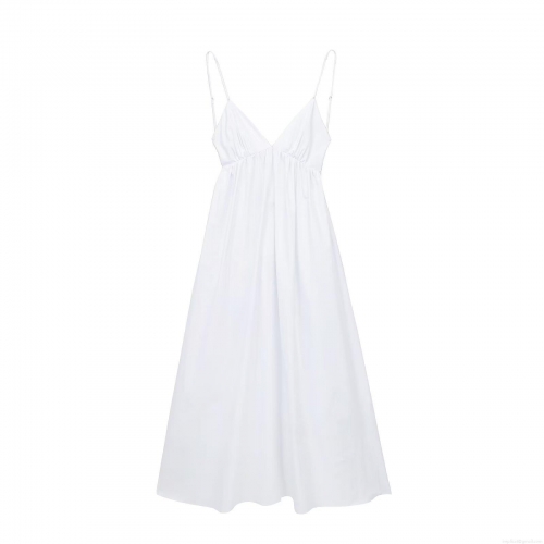 Women's Sexy Backless Cami Midi Dress V-Neck Hollow Out Pleated Cotton Blend A-Line Long Dress For Summer Party Date Vacation