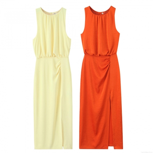 Women's Sleeveless Pleated Midi Dress Elegant Round Neck High Waist Side Slit Summer Solid Color Polyester Spandex Bodycon Long Pullover Dress for Cocktail Party Date