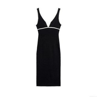 Women's Sexy Mercerized Cotton V-Neck Sleeveless Midi Dress Contrast Wavy Lace Trim Slim Fit Hot Girl Bodycon Party Summer Dress