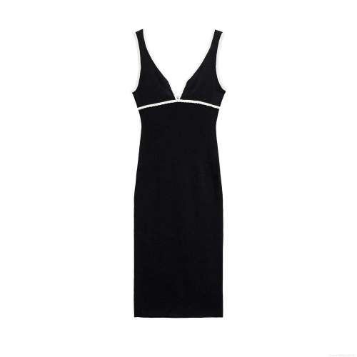 Women's Sexy Mercerized Cotton V-Neck Sleeveless Midi Dress Contrast Wavy Lace Trim Slim Fit Hot Girl Bodycon Party Summer Dress