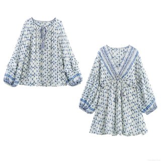 Women's Bohemian Geometric Print Midi Dress And Long Sleeve Blouse With Tassel Tie V-Neck Polyester Spandex Metallic Thread Ruffle Cuff Vacation Style Blue White Tops