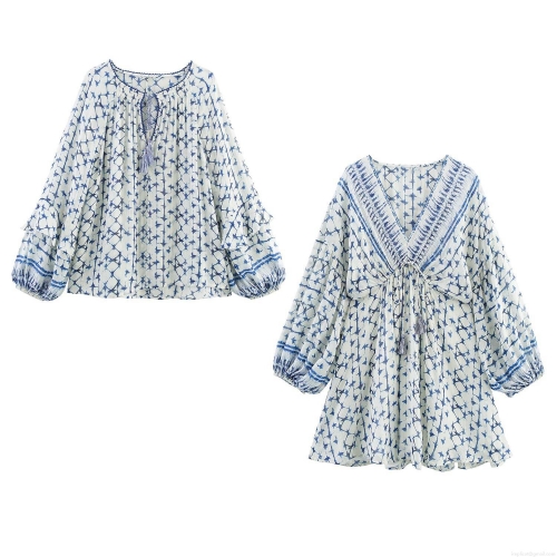 Women's Bohemian Geometric Print Midi Dress And Long Sleeve Blouse With Tassel Tie V-Neck Polyester Spandex Metallic Thread Ruffle Cuff Vacation Style Blue White Tops