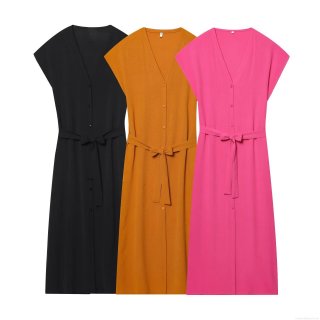 Women's V Neck Short Sleeve Midi Dress With Belt Summer Solid Color Single Breasted Elegant Polyester A-Line Dress For Office Casual Party
