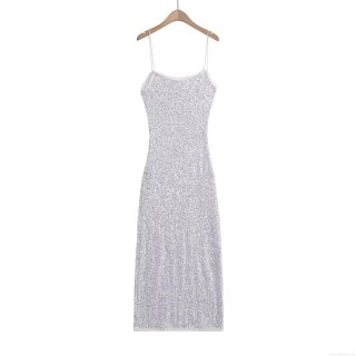 Women's Sexy Silver Sequin Spaghetti Strap Midi Dress Backless Slim Fit Sleeveless Bodycon Evening Party Clubwear Socialite Dress For Summer