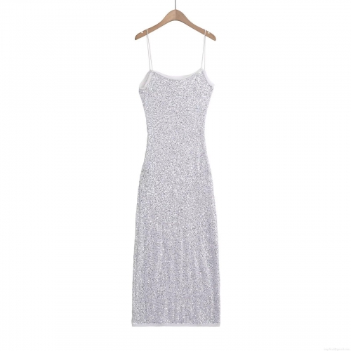 Women's Sexy Silver Sequin Spaghetti Strap Midi Dress Backless Slim Fit Sleeveless Bodycon Evening Party Clubwear Socialite Dress For Summer