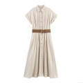 Women's Elegant Linen Blend Short Sleeve Midi Dress With Woven Belt Lapel Single Breasted Solid Color A-Line Shirtdress For Summer Daily Commute