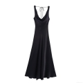 Women Sexy Satin Cowl Neck Spaghetti Strap Dress Backless Lace Up Polyester Spandex Slim Fit Maxi Dress for Evening Party Celebrity Style