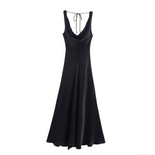 Women Sexy Satin Cowl Neck Spaghetti Strap Dress Backless Lace Up Polyester Spandex Slim Fit Maxi Dress for Evening Party Celebrity Style