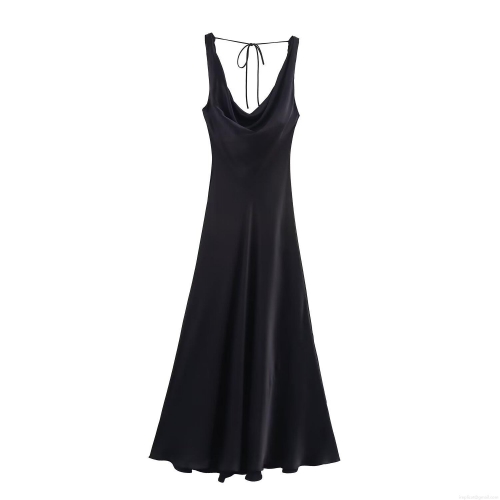 Women Sexy Satin Cowl Neck Spaghetti Strap Dress Backless Lace Up Polyester Spandex Slim Fit Maxi Dress for Evening Party Celebrity Style