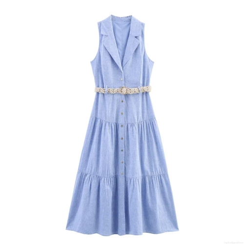 Women Sleeveless V-Neck Button Down Tiered Midi Dress With Woven Belt Linen Blend Solid Light Blue Elegant High Waist Summer Dress