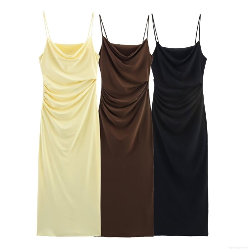 Women's Sexy Cowl Neck Ruched Midi Dress Satin Milk Silk Spaghetti Strap Bodycon Party Slip Dress Elegant Summer Solid Color Outfits