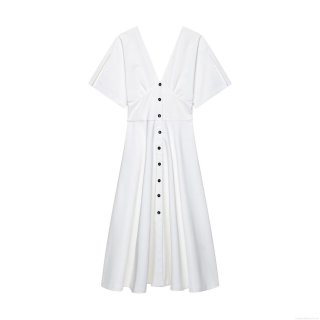 Women's Elegant V-Neck Button Down Midi Dress Short Sleeve A-Line Solid Color High Waist Dress For Summer Casual Party Office