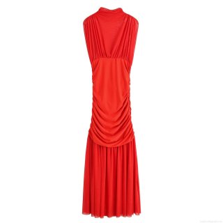 Women's Sexy Mesh Splicing Pleated Slim Midi Dress Elegant Sleeveless Half High Neck Bodycon Party Evening Gown Summer Solid Color Clubwear