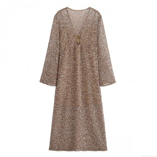 Women's Elegant Sequin Mesh Midi Dress V-Neck Long Sleeve Sheer Sparkly Evening Cocktail Party Dress For Wedding Guest Solid Camel Gold Partywear