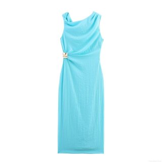 Women's Elegant Cowl Neck Sleeveless Midi Dress With Asymmetric Metal Buckle Ruched Side Summer Solid Color Commute Party Dresses