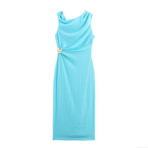 Women's Elegant Cowl Neck Sleeveless Midi Dress With Asymmetric Metal Buckle Ruched Side Summer Solid Color Commute Party Dresses