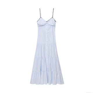 Women's Summer Light Blue White Striped Midi Dress Sleeveless Camisole A-Line Ruffle Tiered Sundress With Black Lace Trim For Casual Vacation