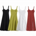 Women Sexy Polka Dot Linen Blend Camisole Dress Slim Fit Side Split Midi Maxi Dress For Summer Vacation Daily Wear Women Sexy Dresses