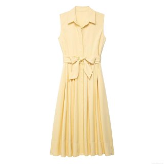 Women Sleeveless Shirt Dress Elegant Lapel Collar Tie-Waist Bow Knot Midi Dress Polyester Spandex Blend Solid Color Office Commuter Summer Dress