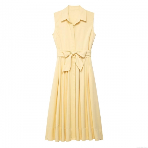 Women Sleeveless Shirt Dress Elegant Lapel Collar Tie-Waist Bow Knot Midi Dress Polyester Spandex Blend Solid Color Office Commuter Summer Dress