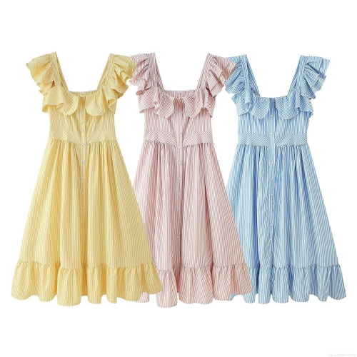 Women's Summer Sweet Striped Ruffle Midi Dress Square Neck Single Breasted Cotton Blend Beach Vacation Sundress Flowy A-Line Dress for Ladies