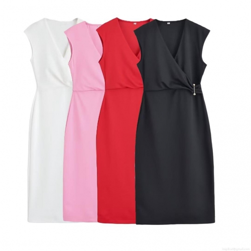 Women's Sexy V Neck Sleeveless Midi Dress Polyester Spandex Elegant Pleated High Waist Slim Fit Dress With Gold Metal Pin Decoration Summer Casual Party Dress