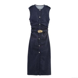 Women Elegant Sleeveless Denim Midi Dress Summer Solid Color Pleated A-Line Dress With Golden Flower Buckle Belt Fashion Casual Commuting Round Neck Single Breasted Dress