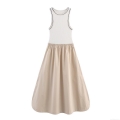 Women's Summer Sleeveless Patchwork Midi Dress Rib Knit Tank Top A-Line Contrast Color Casual Minimalist Bohemian Dress