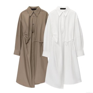 Women's Casual Long Sleeve Cotton Shirt Dress Fashion Asymmetric Hem Tie Waist Lapel Single Breasted Midi Dress For Summer Daily Wear