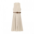 Women's Summer Minimalist Sleeveless V Neck Button Up Midi Dress With Belt Casual Polyester Cotton A-Line Tank Dress