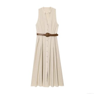 Women's Summer Minimalist Sleeveless V Neck Button Up Midi Dress With Belt Casual Polyester Cotton A-Line Tank Dress