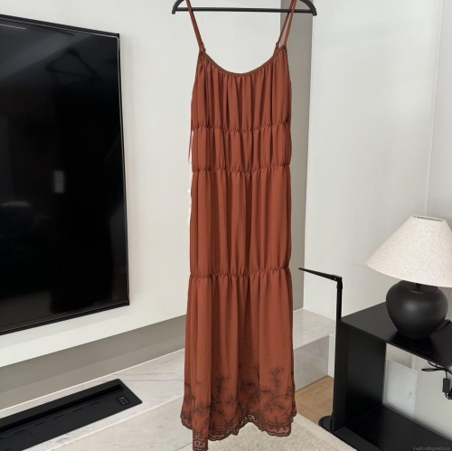 Women's Spaghetti Strap Midi Dress Tiered Ruffle Floral Embroidered High Waist A-Line Solid Brick Red Polyester Spandex Summer Vacation Party Dresses