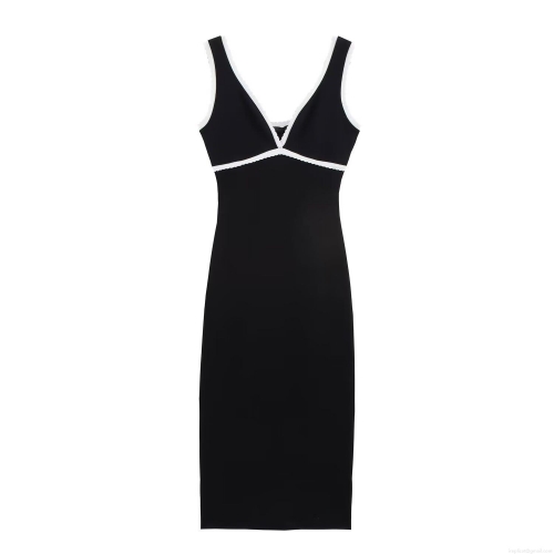 Women Sexy Knit Midi Dress Sleeveless V-Neck Bodycon Contrast Layered Trim Slim Fit Elegant Party Clubwear Dress