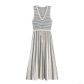 Women Striped Knit Midi Dress Sleeveless V-Neck Splicing Drawstring Waist Polyester Spandex Casual Summer Sundress Elegant Slim Fit Sleeveless Stripe Knitted Gown