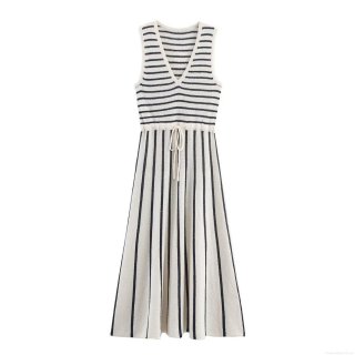 Women Striped Knit Midi Dress Sleeveless V-Neck Splicing Drawstring Waist Polyester Spandex Casual Summer Sundress Elegant Slim Fit Sleeveless Stripe Knitted Gown