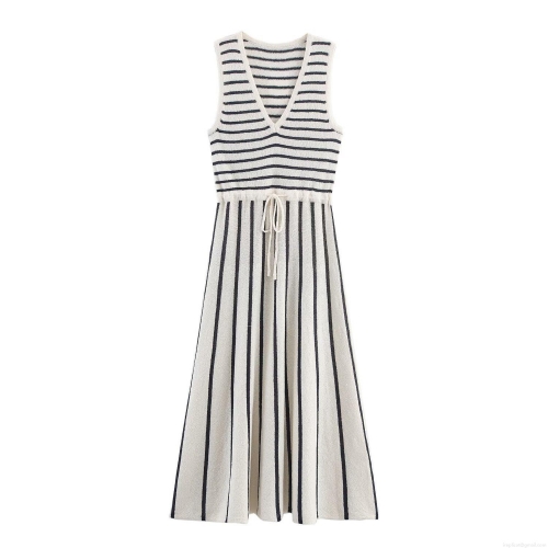 Women Striped Knit Midi Dress Sleeveless V-Neck Splicing Drawstring Waist Polyester Spandex Casual Summer Sundress Elegant Slim Fit Sleeveless Stripe Knitted Gown